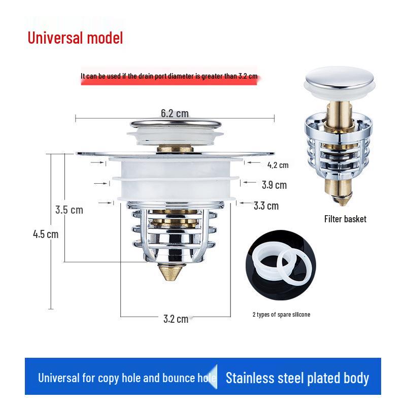 Universal Anti-Clog Leakproof Pop-Up Washbasin Drain Stopper with Odor-Proof Filter