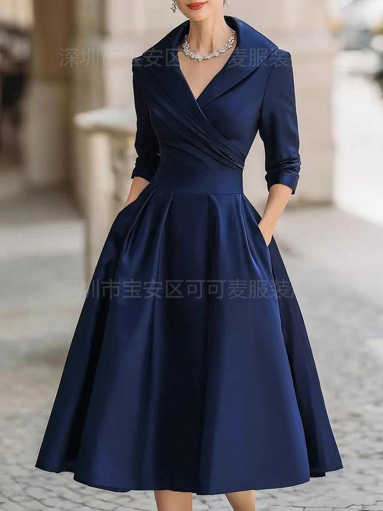 Elegant temperament waist thin dress long sleeves big swing solid color dress women