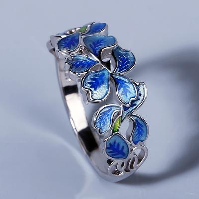 Exquisiter blauer Blumenring, eleganter blauer Blütenblattring, weißer CZ, Modeschmuck, handgefertigter Emaille-Schmuck