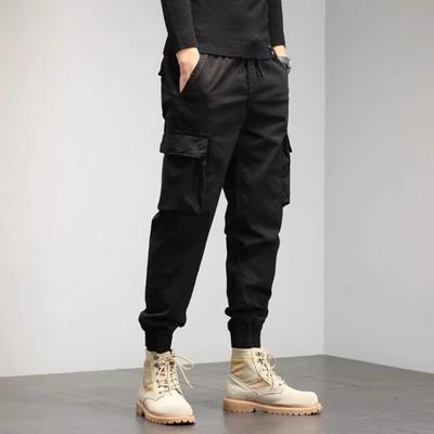 Men Cargo Pants Elastic Waist Adjustable Drawstring Casual Overalls with Multi Pockets Solid Color Regular Fit Pants