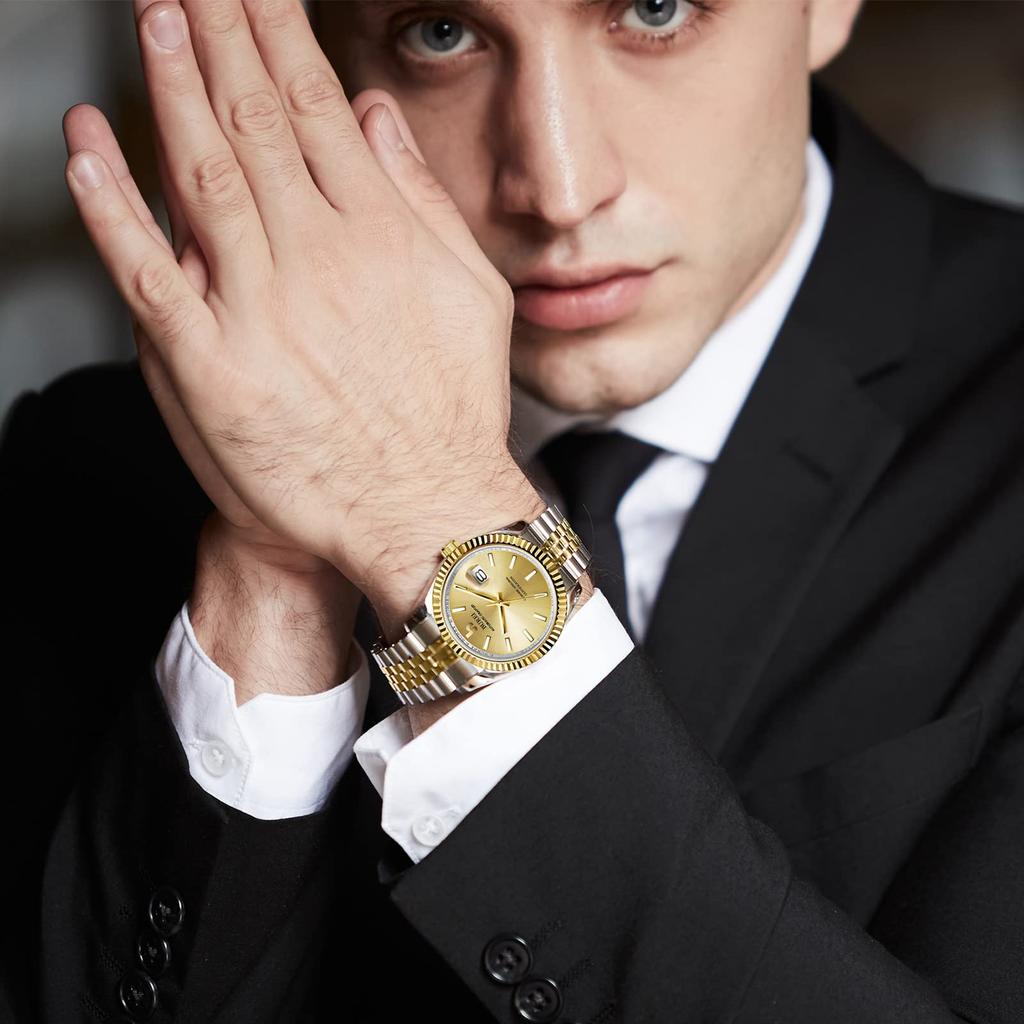 BUREI Automatic Popular for Date Luminous Men's Watch, Waterproof, Analog, Mechanical, Business, Display, Simple, Casual, (Gold/Silver)