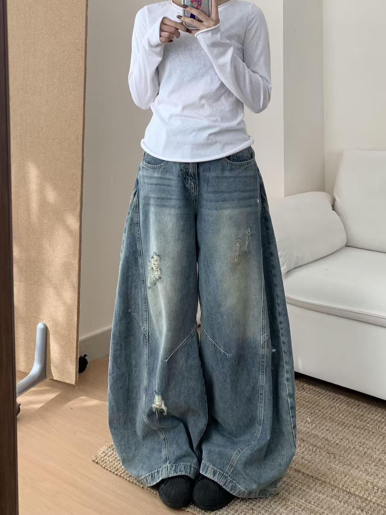 

Autumn Style Retro Blue High-Waisted Ripped Wide-Leg Jeans for Women – Loose, Slimming, and Super Stylish Floor-Length Pants XL [118-128 kg]