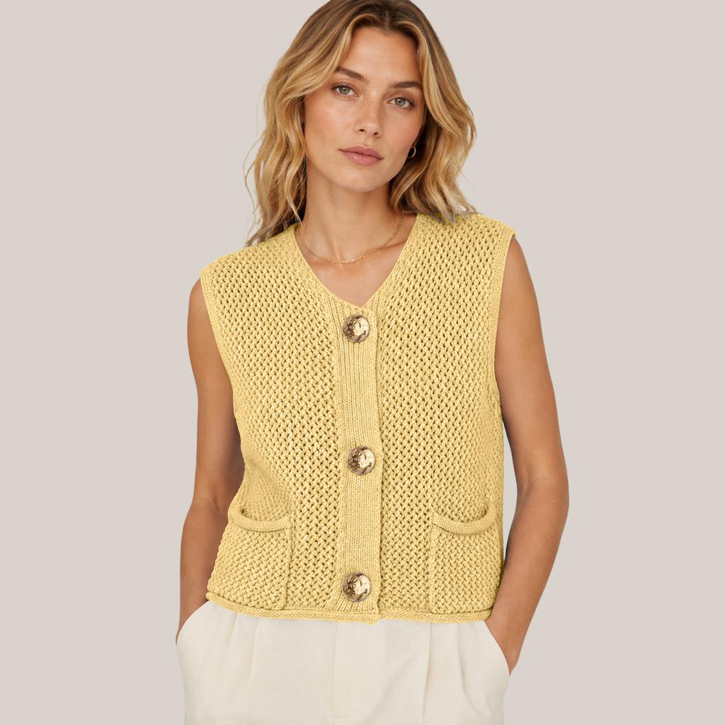 Damen V-Ausschnitt Ärmellose Strickweste mit Taschen Drei-Knopf Cardigan