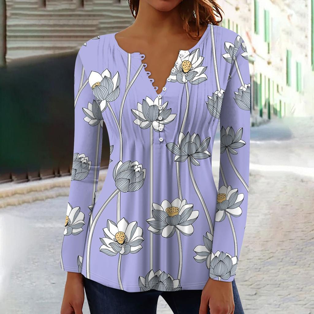 Women's Spring Autumn Pleated Button Down Collar Floral Print Long Sleeve Top