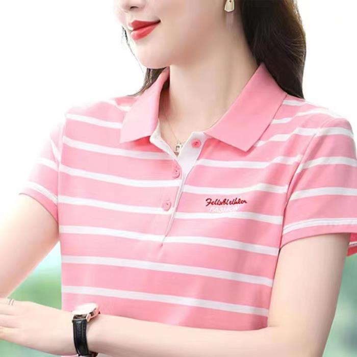 

YYFS Женская мода Повседневная Лето Весна Полосатый Принт Короткий рукав Воротник ПОЛО Блузки и Рубашки XXXXL