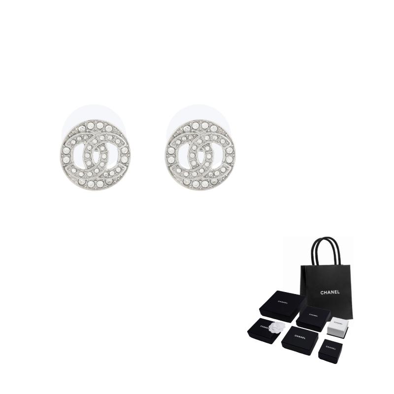 

CHANEL [25S Spring and Summer] Hollow Double C Pave Design Metal Stud Earrings Women s Silver