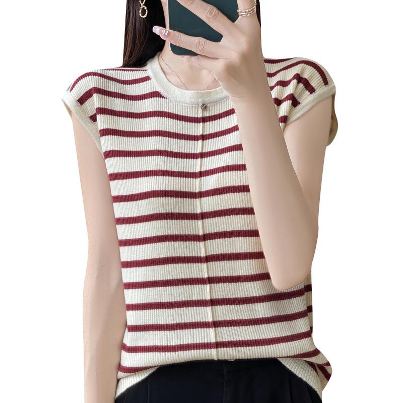 Merino Wool Women's Short Sleeve Round Neck Knit Top with Center Seam
