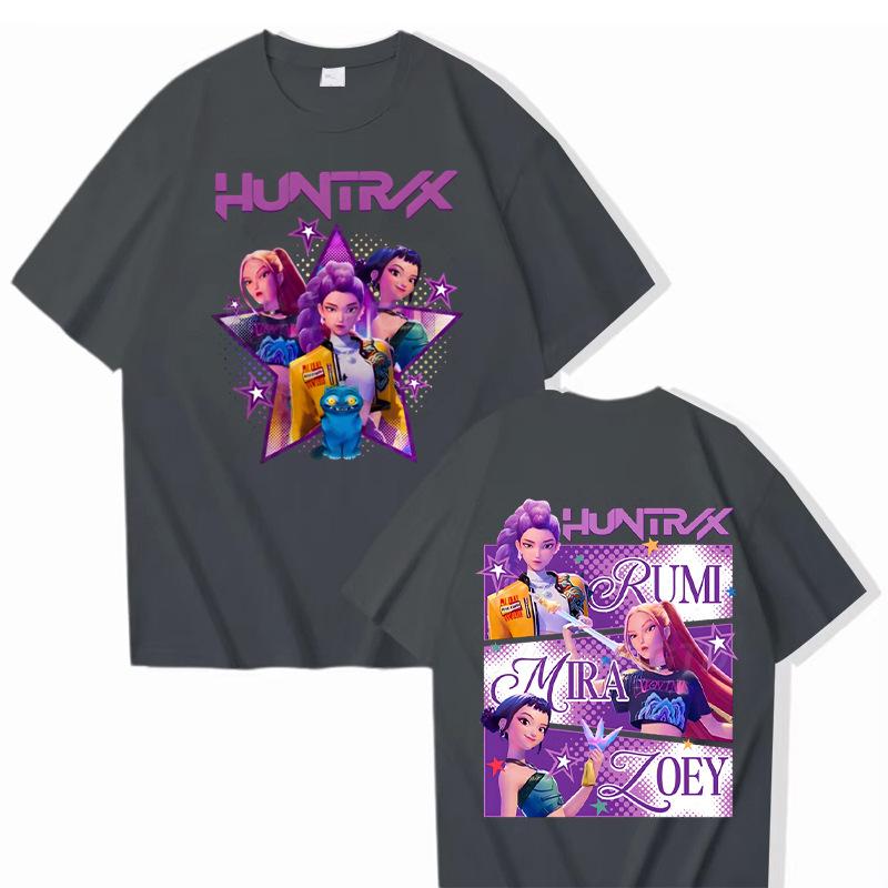 KPop Demon Hunters Cartoon Peripheral Printed Cotton T-shirt Comfortable Soft Women Casual Round Neck Short Sleeved T-shirt