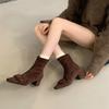 Damenstiefel mit quadratischer Schnalle, Wildleder, dünnem Absatz, Seitenreißverschluss, kurze Stiefel, Damen-Hochstiefel, schlanke Beine, hoher Schaft, elastische dünne Stiefel