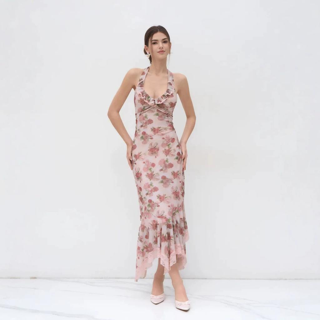 Early Summer Exquisite Neck Dress Floral Mesh Pleated Waist Fishtail Long Dress High-end Gentle Wind Dress