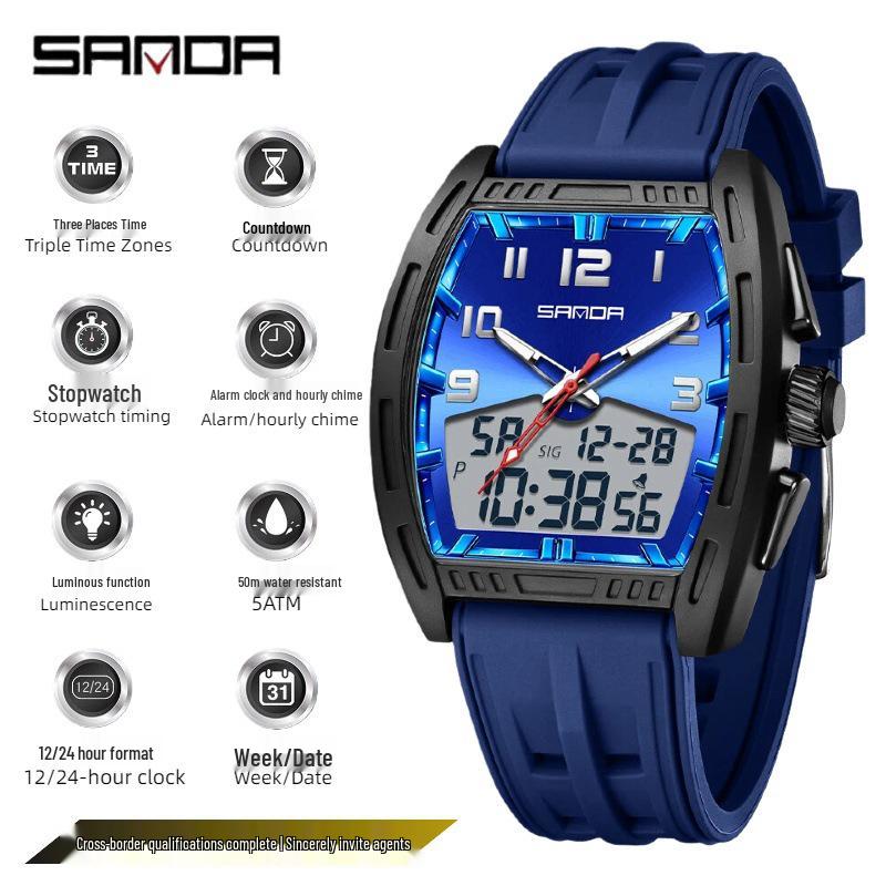 SANDA Men's Waterproof Luminous Sports Watch - Countdown & Multifunctional Barrel-Shaped Electronic Watch with Large Dial