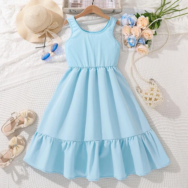 

Girl Sleeveless Dress Children Kid Casual Summer Beach Sundress Princess Dresses Clothes 9Y небесно-голубой