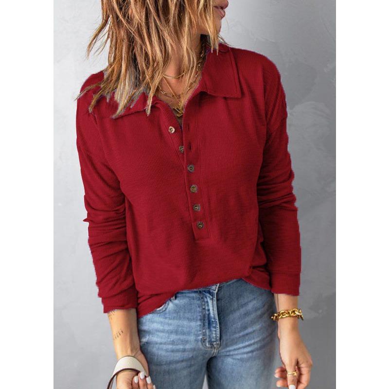 Autumn and winter color threaded women's clothing new lapel button-up top shirt long-sleeved shirt
