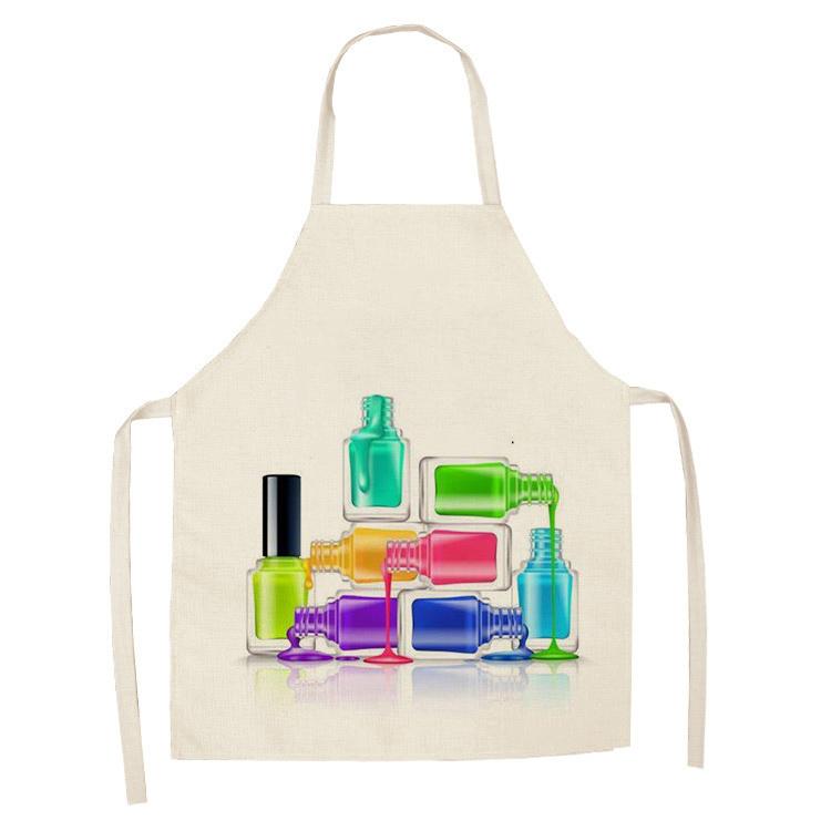 New Linen Colorful Nail Polish Cosmetics Theme Print Kitchen Aprons Unisex Dinner Party Cooking Bib Funny Cleaning Apron Barber