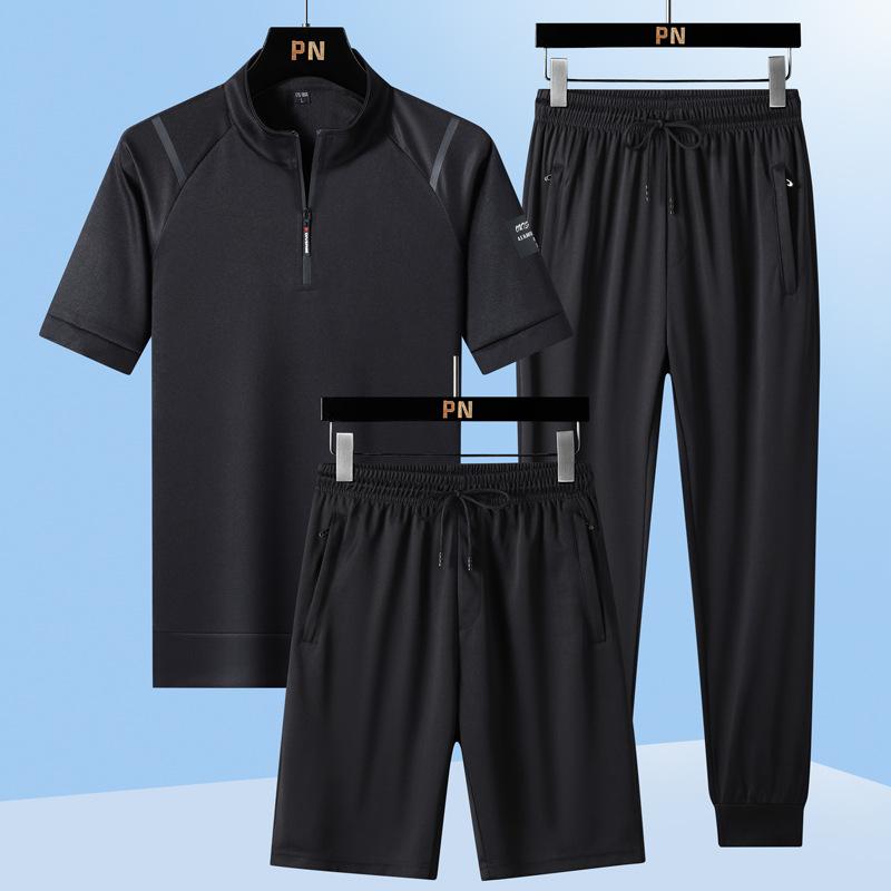 Large Size Summer Short Sleeved Casual Sports Suit Ice Silk Quick Drying T Men's Long Pants Stand Collar Loose Three Piece Set