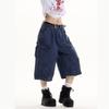 Summer American Pocket Design Tooling Casual Shorts High Street Men's and Women's Retro Wide Leg Cropped Pants