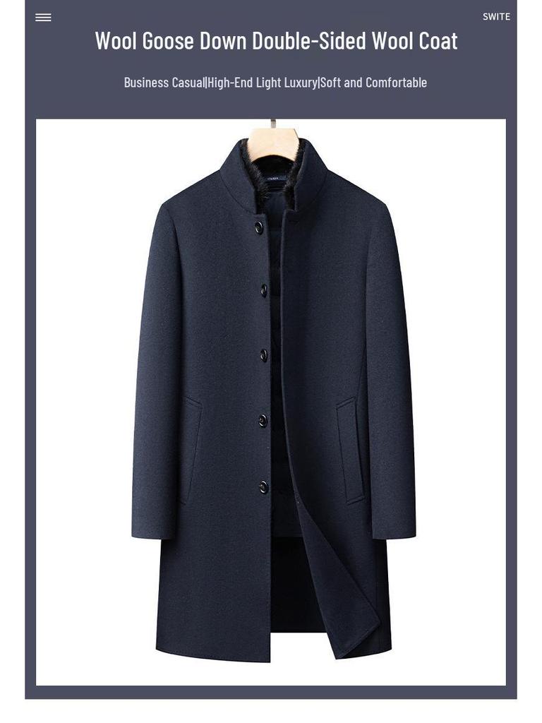Men's Single-Breasted Stand-Collar Wool Gabardine Trench Coat - Business Casual Long Jacket