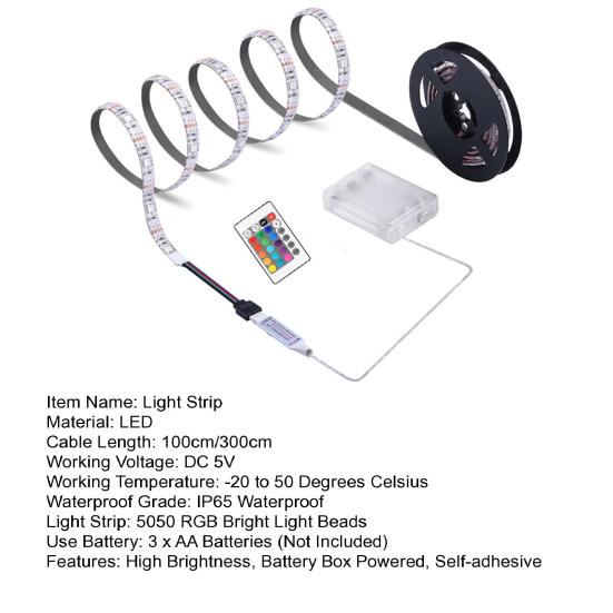 LED Strip Light Battery Box Powered Remote Control High Brightness IP65 Waterproof Decoration