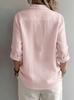 2026 European & American Women's Linen Casual Lapel Shirt - Solid Color, Long Sleeve, Spring Collection