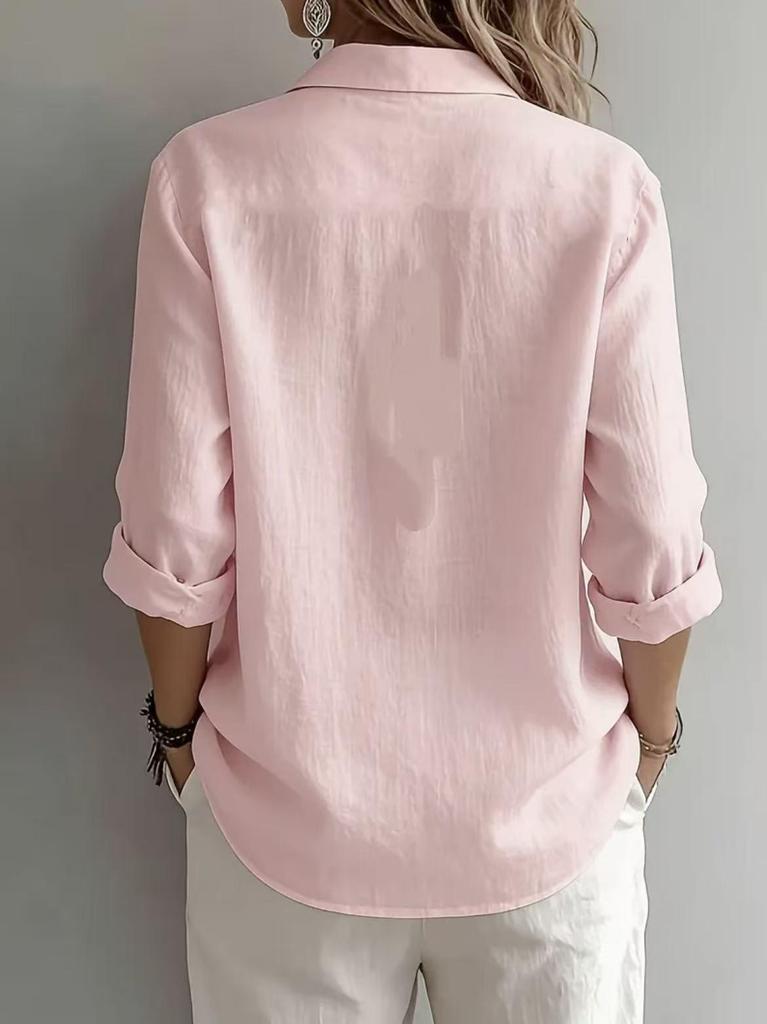 2026 European & American Women's Linen Casual Lapel Shirt - Solid Color, Long Sleeve, Spring Collection