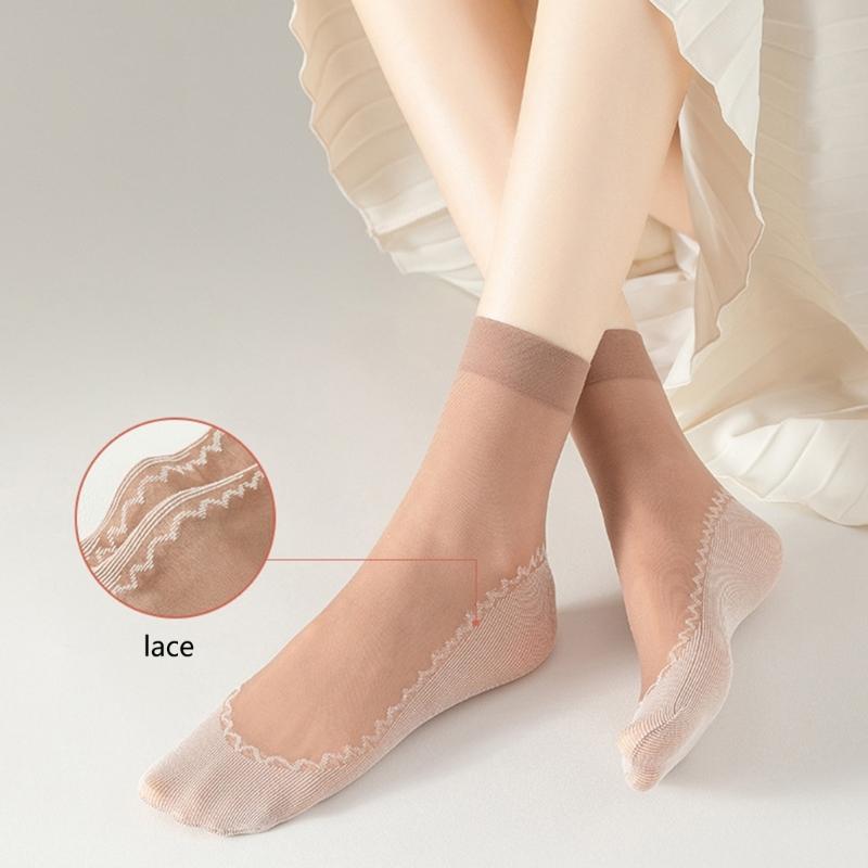 10 Pairs Women Slip-Resistant Cotton Soles Transparent Medium Tube Silk Socks