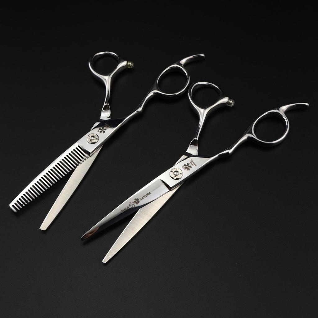 6.0" Left-Handed Cherry Blossom XGZ-02 Hairdressing Scissors - Straight, Serrated, and Thinning Shears.