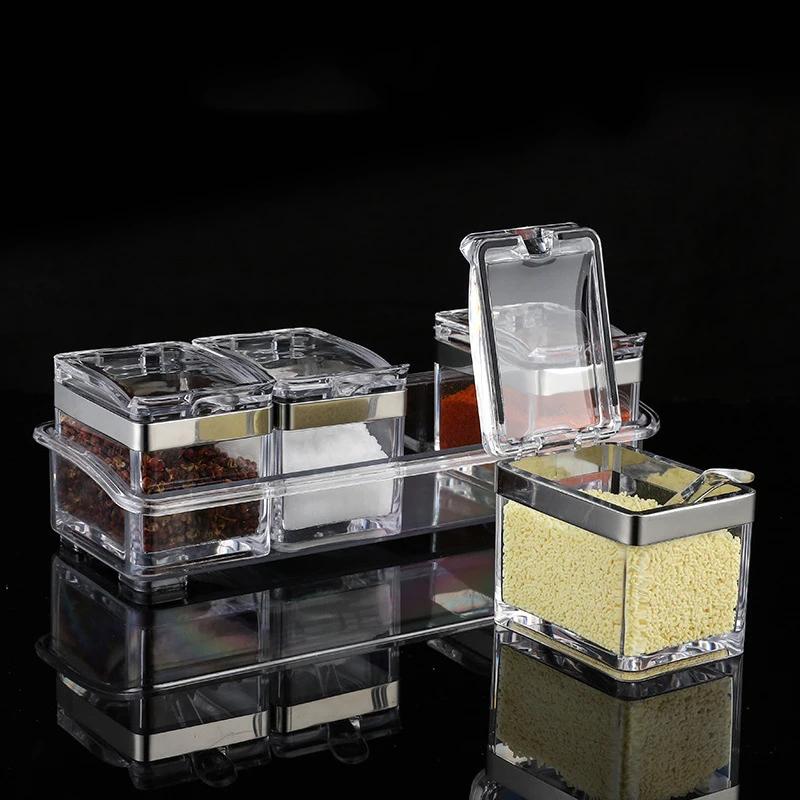 Kitchen four-compartment spice box set transparent spice jar salt and sugar seasoning spoon box for Home Durable
