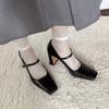 French square head thick heel Mary Jane single shoes women's 2025 new retro style one-word buckle with light mouth high heels