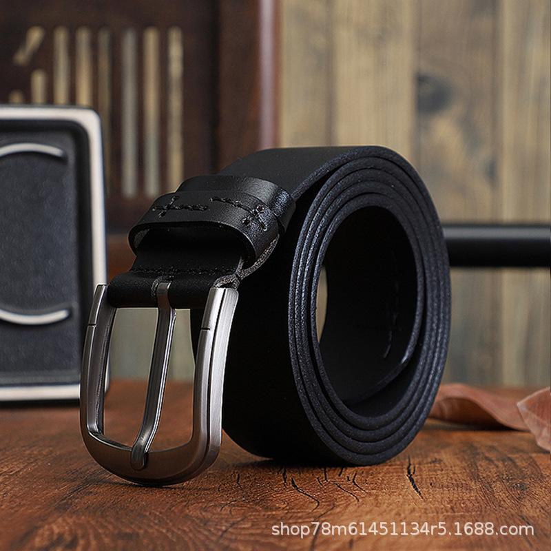 The First Layer Of Pure Cowhide Belt Men'S Green Handmade Belt Leather Pin Buckle Simple Retro Denim