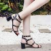Women Rivet Chunk Heels Sandals Ankle Buckle Strap Open Toe British Ladies Sandals Mid Heels Party Elegant Roman Shoes