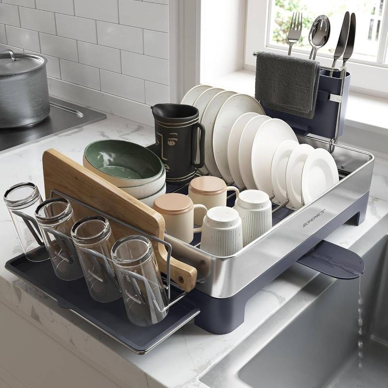 

Dish Drying Rack with Rotatable Extendable Drain Spout, Dish Drainer with Utensil, Cup & Board Holders, Silver/Grey, Rustproof XL