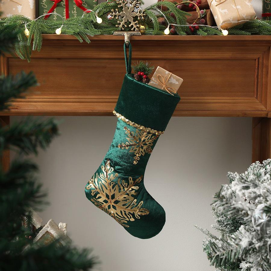 Gold-Trimmed Velvet Snowflake Christmas Stocking - Wall-Mounted Holiday Decoration Gift