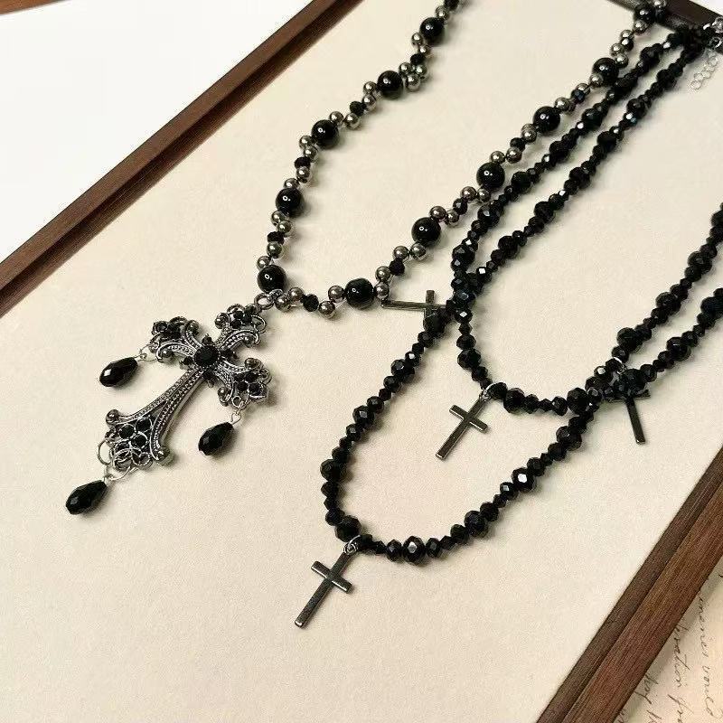 Black punk style diamond-encrusted cross multi-layer beaded collarbone chain fashionable European and American temperament luxury high-end necklace