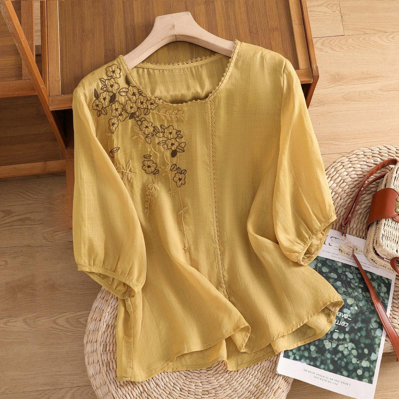 Women s Cotton And Linen Embroidered Loose Retro Round Neck Pullover Top XL жёлтый