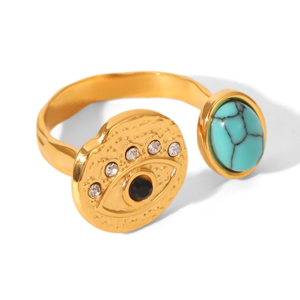 French Retro Turquoise Evil Eye Stainless Steel Ring for Women, Non-fading Ring, Niche Light Luxury Hand Jewelry