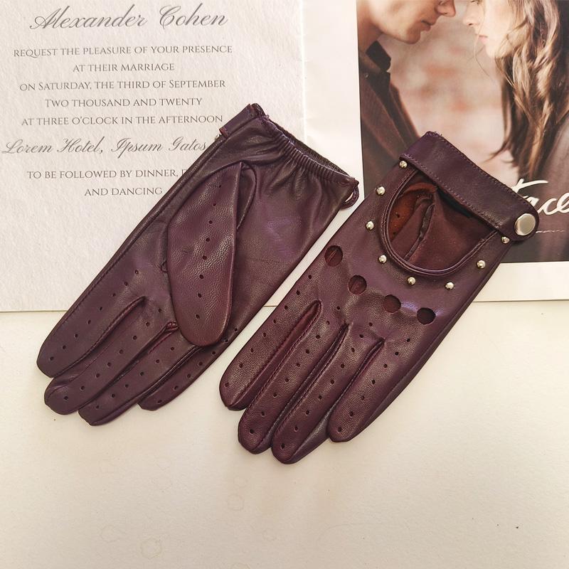 New Women's Sheepskin Gloves Thin Unlined Rivet Style Colored Driving Leather Gloves