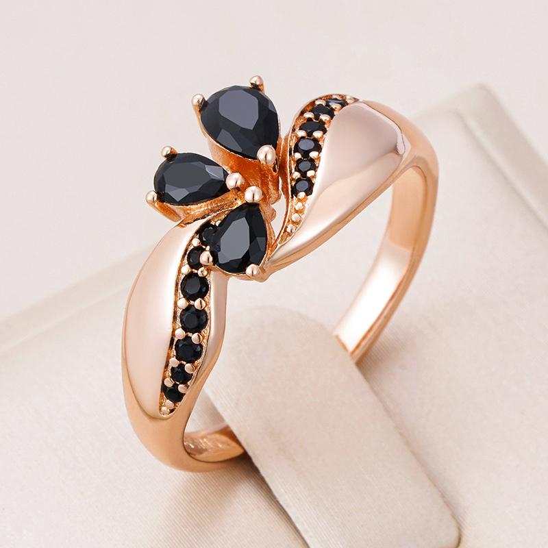 Black Natural Zircon Ring For Women Fashion  Rose Gold Color Crystal Flower Bride Ring Daily Fine Vintage Jewelry