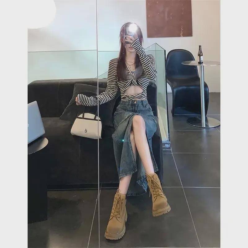 High-Waist Retro Ripped Denim A-Line Skirt for Women - Slimming, Hip-Wrapped, Mid-Length Summer Design