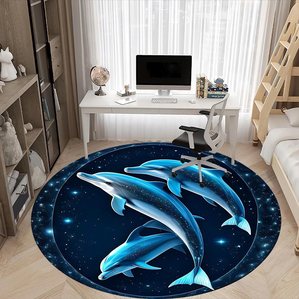 1PC Dolphin Universe Office Round Area Rug, Indoor Mat Suitable ForOffice, Under Office Chairs Bedroom Living Room Home Decor, Room Deco f050