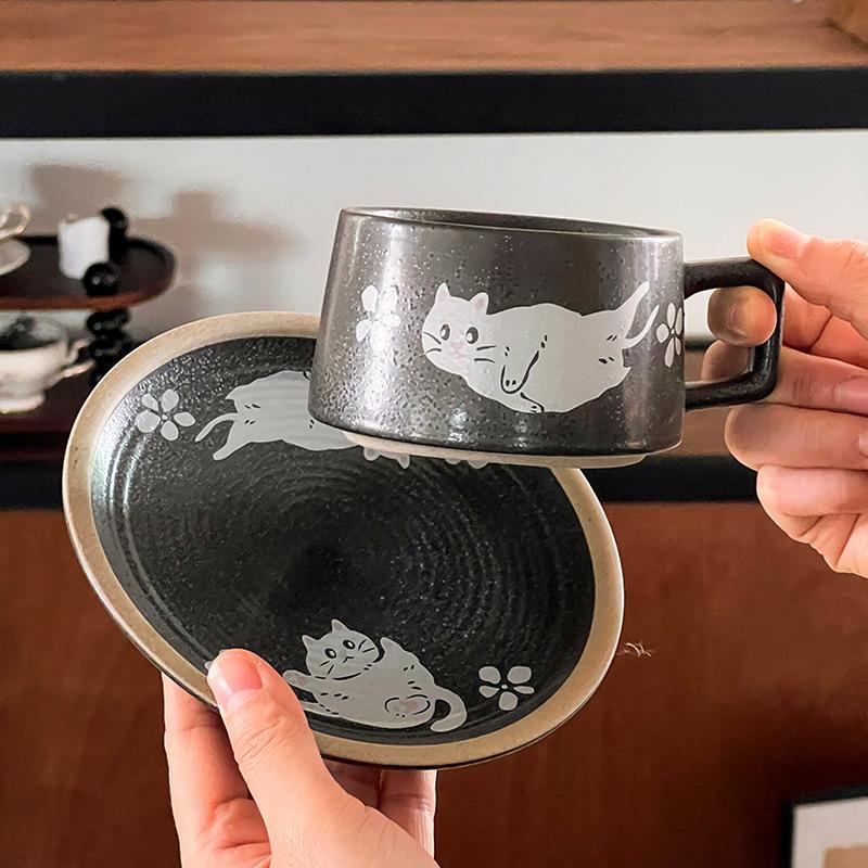 Retro cute cat ceramic cup saucer Japanese creative coarse pottery coffee cup ins home couple breakfast milk cup