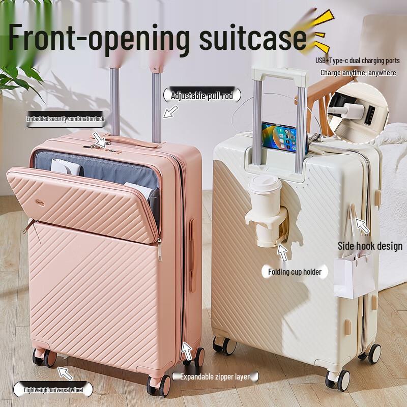 

Expandable Student Trolley Suitcase with USB Charging, Universal Wheels, Front Half-Open Design, and Combination Lock 20-inch Carry-on + Dual Charging Ports