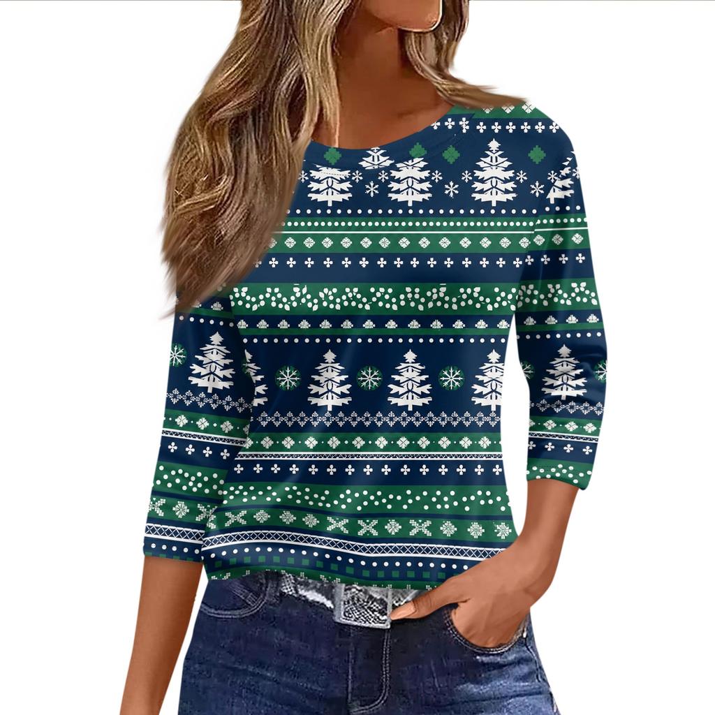Women's Casual 3/4 Sleeve Neck Christmas Print Top with Festive Holiday Design
