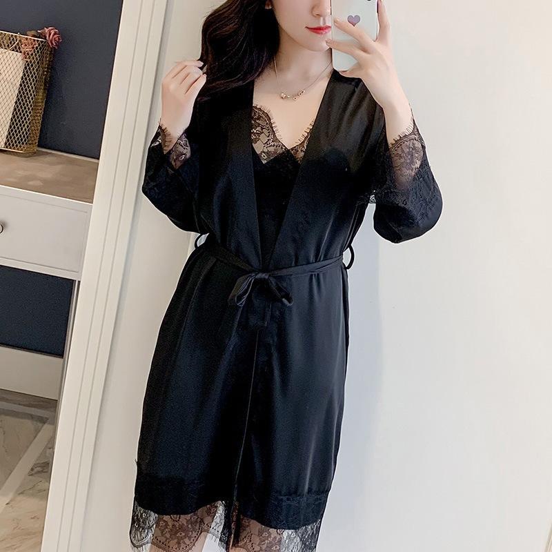 Sexy pajamas women's summer thin Ice Ribbon chest pad lace suspender nightgown nightgown can be worn outside two-piece loungewear
