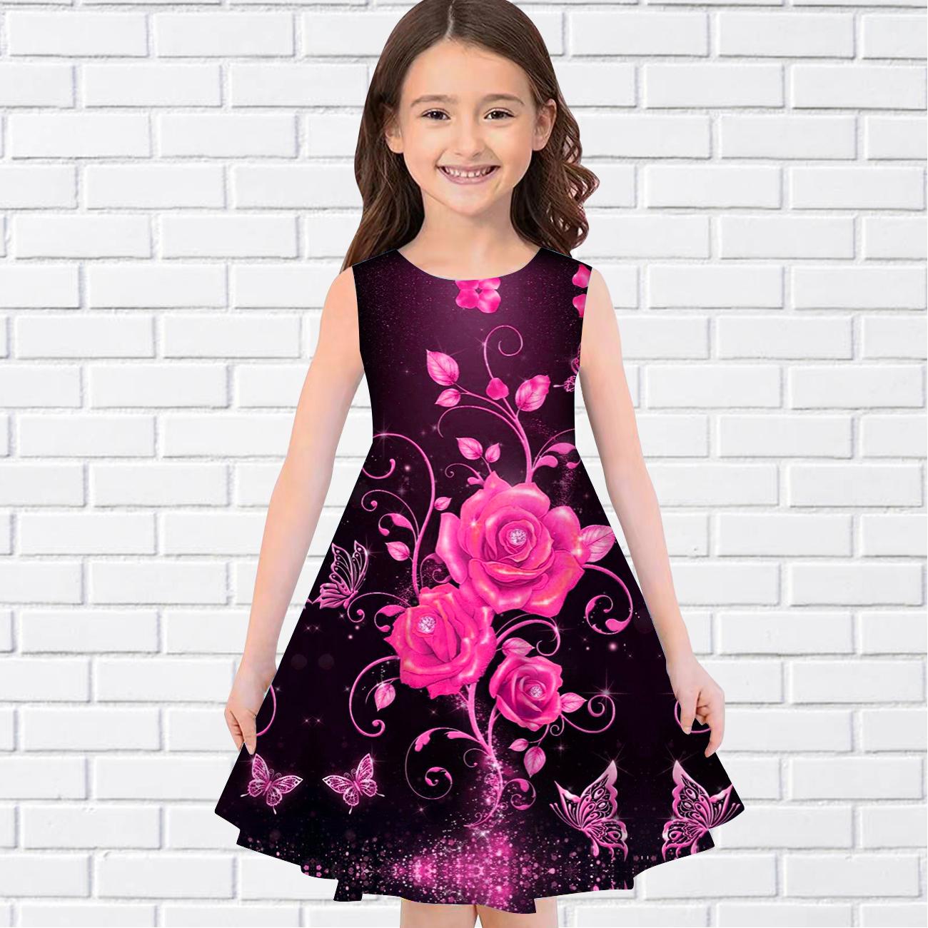 

Сукні для дівчинки з 3D-принтом. Дитяча вечірня сукня для дівчинки без рукавів. Сукня-майка з 3D-принтом і 3 кольоровими трояндами. 120 рожевий