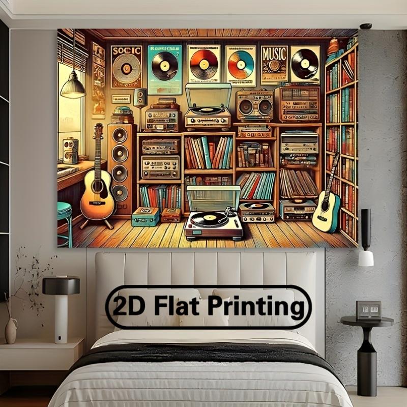 Retro Music and Vinyl Record Themed Polyester Background - Retro Wall Decoration, Speakers and Guitars, Music Room Decoration