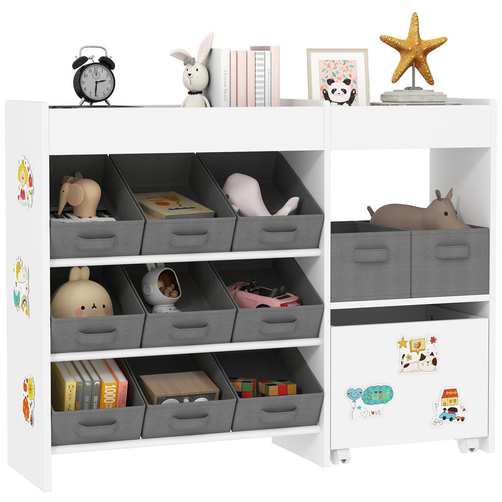 Kids Toy Storage Unit with 11 Bins, Cabinet, Top Shelves, 3 Stickers, for Nursery, Playroom, White