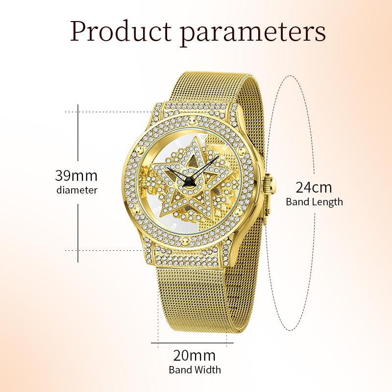 FOXBOX Women's Watches Fashionable Large Dial Pentagram Waterproof Watch For Girls Snowflake Rotating Hollow Women's Watch