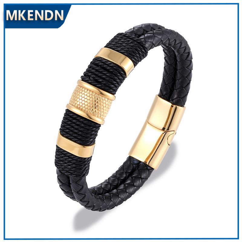Punk Men Jewelry Black/Brown Braided Leather Bracelet Stainless Steel Magnetic Clasp Bangles 19/21/23cm