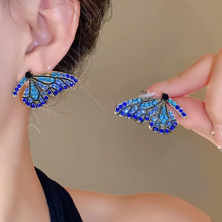 Retro Colorful Rhinestone Butterfly Stud Earrings Fashion Sweet Light Luxury Women's Temperament High-class Earrings