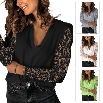 Women Sexy Deep V Neck Hollow Out Lace Sleeve Bottoming Top Plus Size Blouse